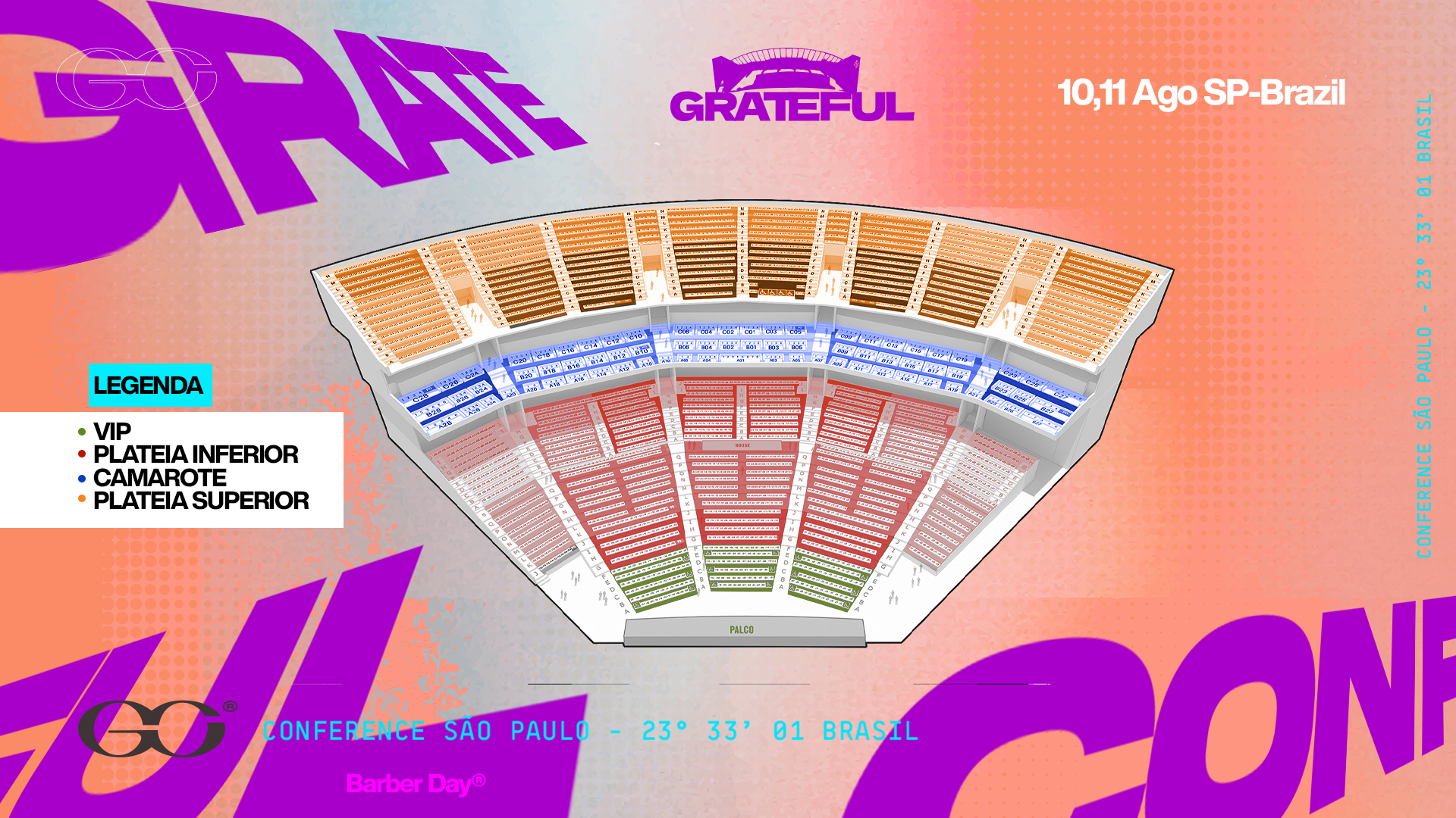 Mapa de assentos do Grateful Conference: VIP, Plateia Inferior, Camarote e Plateia Superior.