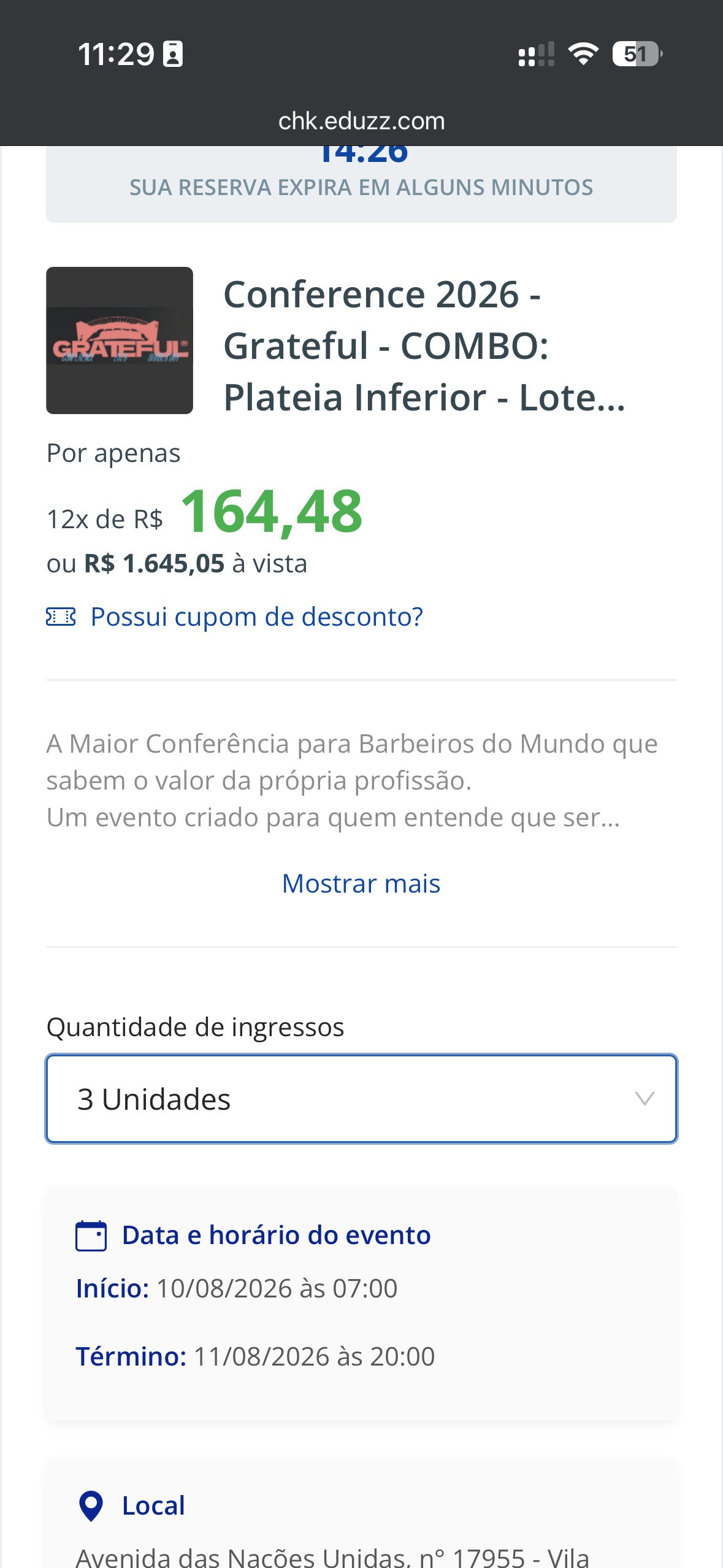 Tela do checkout da Eduzz mostrando o combo Plateia Inferior reservado, valor à vista e parcelado, e o campo 'Quantidade de ingressos'.