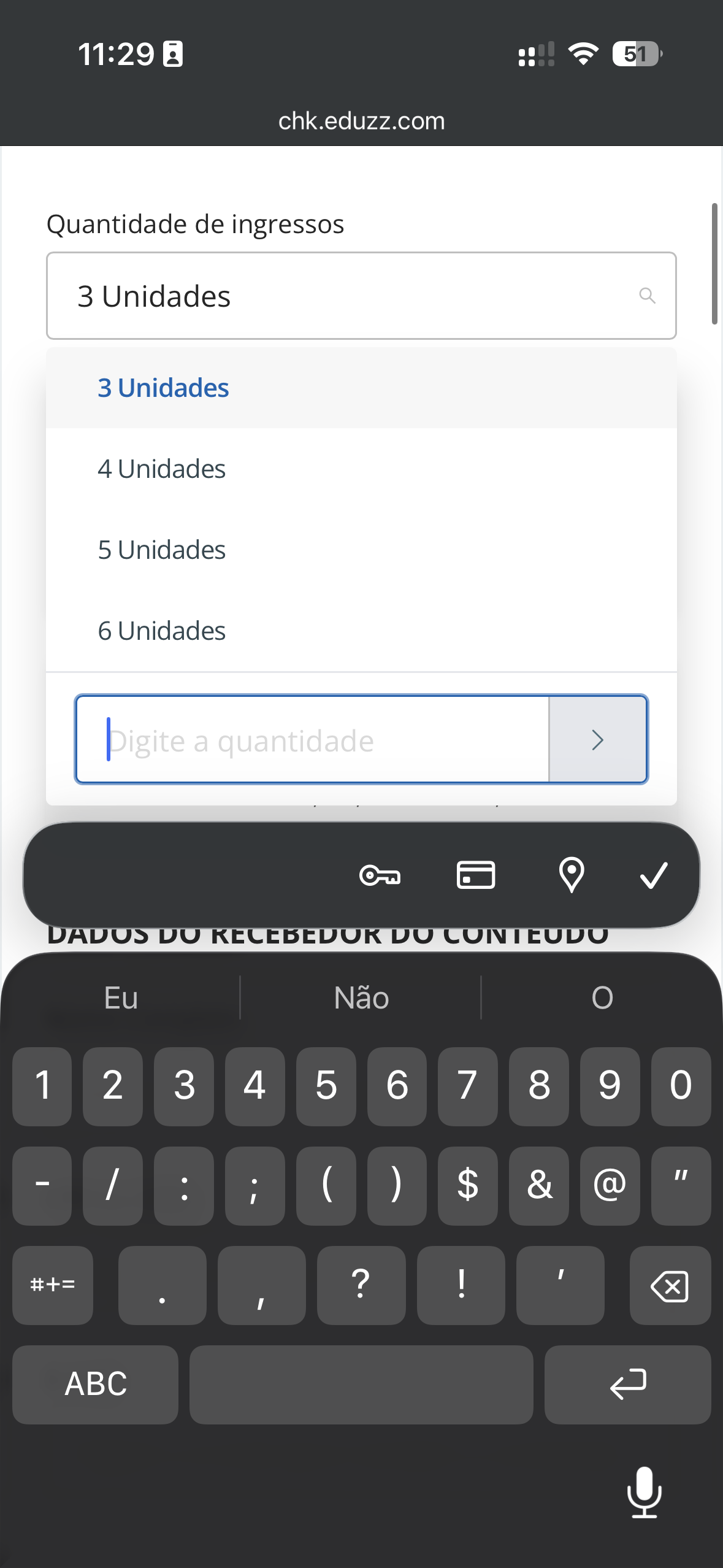 Dropdown do checkout aberto com opções de 3, 4, 5, 6 unidades e campo para digitar quantidade personalizada.